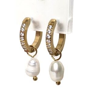 18K Gold‎ Hoop Earrings with Baroque Pearl Dangle CZ Accent Elegant Jewelry
